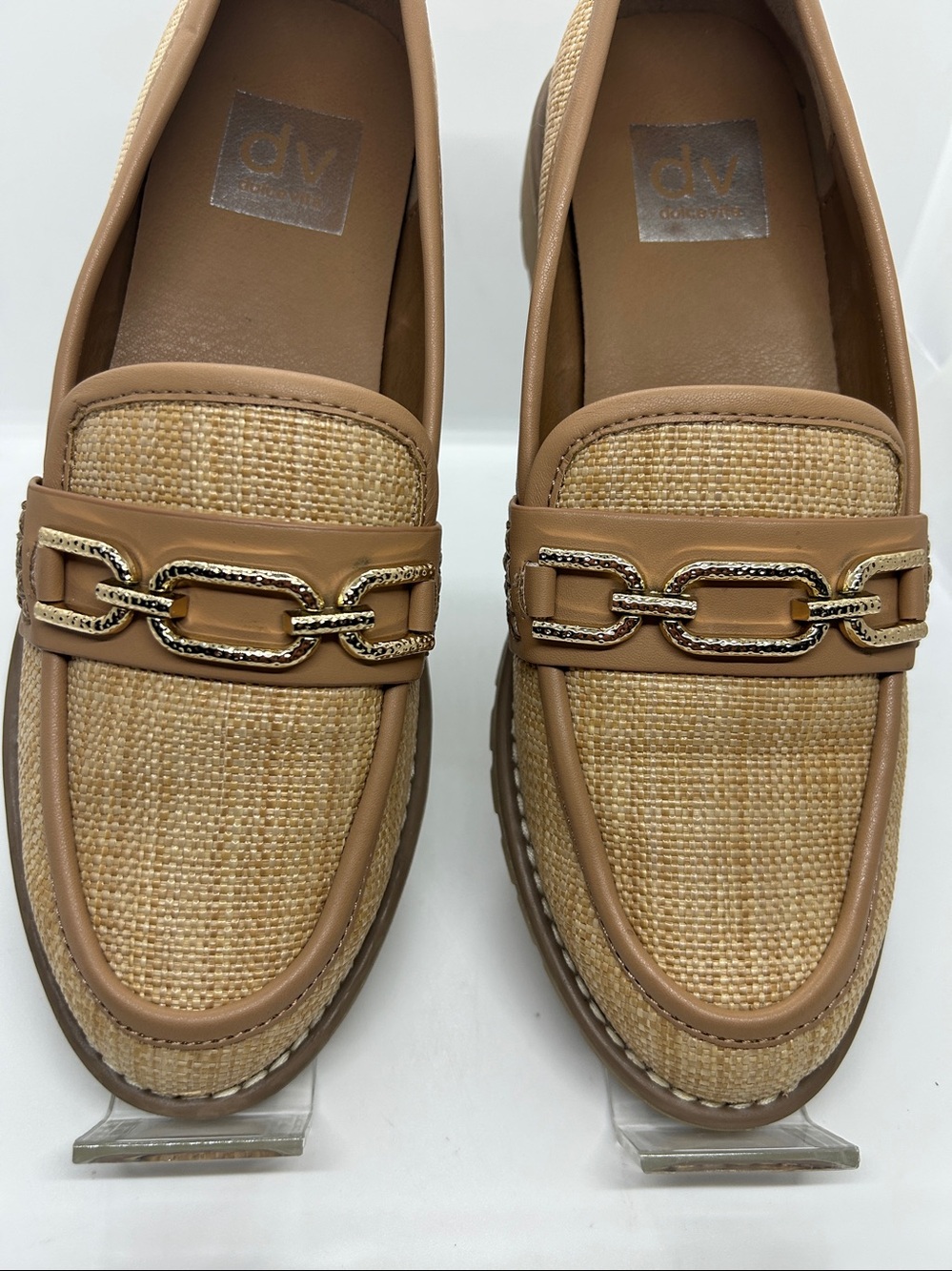 Dolce Vita Tan Raffia-Textured Loafers with Gold Chain Sz Us 7 - Picture 5 of 13